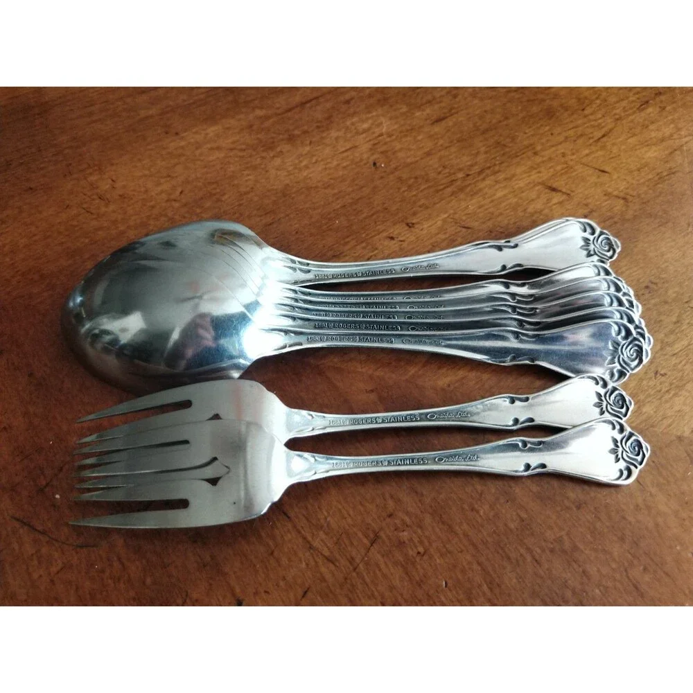 1881 Rogers Oneida Ltd Arbor Rose True Rose Stainless: Lot 7 Table Spoon + Fork